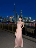 Niulatu Strapless Sheath Long Prom Dresses, Satin Pink Formal Dresses HZ1026