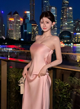 Niulatu Strapless Sheath Long Prom Dresses, Satin Pink Formal Dresses HZ1026
