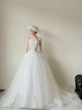Niulatu Strapless Ball Gown Simple Lace Tulle Wedding Dresses White Bridal Gowns HZ1026