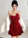 Niulatu Velvet Birthday Dresses Strapless Hoco Dresses Short Burgundy New Year's Eve Dresses HZ1026