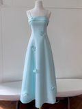 Niulatu Spaghetti Straps A-Line Long Prom Dresses Pale Blue Long Formal Dresses HZ1026