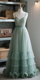 Niulatu Spaghetti Straps Tulle A-Line Long Prom Dresses Light Green Quinceanera Dresses HZ1026
