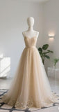 Niulatu Spaghetti Strap Tulle A-Line Prom Dresses Champagne Long Formal Dresses HZ1026