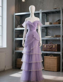 Niulatu Off-the-shoulder Tulle Sheath Prom Dresses Purple Long Formal Dresses HZ1026