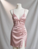 Niulatu Spaghetti Strap Sheath Short Prom Dresses Satin Pink Hoco Dresses HZ1026