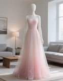 Niulatu Spaghetti Strap A-line Long Prom Dresses Tulle Pink Formal Dresses HZ1026