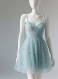 Niulatu Spaghetti Strap A-line Short Prom Dresses Tulle Green Hoco Dresses HZ1026