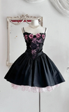 Niulatu A-Line Black Hoco Dresses Satin Spaghetti Straps Short Prom Dresses HZ1026