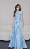Niulatu Strapless Mermaid Prom Dresses, Satin Blue Long Formal Dresses HZ1026
