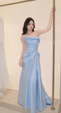 Niulatu Strapless Mermaid Prom Dresses, Satin Blue Long Formal Dresses HZ1026
