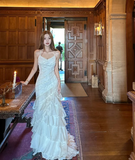 Niulatu Spaghetti Strap Sheath Long Prom Dresses, Chiffon Beaded Ivory Evening Dresses HZ1026