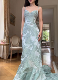 Niulatu Spaghetti Strap Sheath Long Prom Dresses, Applique Satin Green Formal Dresses HZ1026