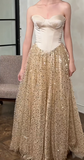 Niulatu Strapless Sheath Long Prom Dresses, Sparkly Sequined Tulle Gold Evening Dresses HZ1026