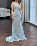 Niulatu Strapless Sheath Long Prom Dresses with Appliques, Lace Blue Formal Dresses HZ1026