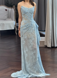 Niulatu Strapless Sheath Long Prom Dresses with Appliques, Lace Blue Formal Dresses HZ1026