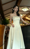 Niulatu Spaghetti Straps A-Line Tea Prom Dresses, Satin Pale Yellow Formal Dresses HZ1026