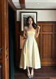 Niulatu Spaghetti Straps A-Line Tea Prom Dresses, Satin Pale Yellow Formal Dresses HZ1026