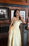 Niulatu Spaghetti Straps A-Line Tea Prom Dresses, Satin Pale Yellow Formal Dresses HZ1026