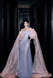 Niulatu Strapless Sheath Long Prom Dresses, Tulle Grey Blue Formal Dresses HZ1026