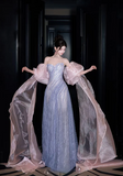 Niulatu Strapless Sheath Long Prom Dresses, Tulle Grey Blue Formal Dresses HZ1026
