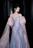 Niulatu Strapless Sheath Long Prom Dresses, Tulle Grey Blue Formal Dresses HZ1026