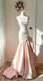 Niulatu Strapless Mermaid Long Prom Dresses, Pleated Taffeta Pink Evening Gowns HZ1026