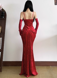Niulatu Mermaid Long Prom Dresses, Burgundy Formal Dresses Velvet Spaghetti Strap New Year's Eve Dress HZ1026