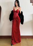 Niulatu Mermaid Long Prom Dresses, Burgundy Formal Dresses Velvet Spaghetti Strap New Year's Eve Dress HZ1026