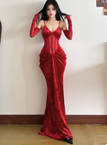 Niulatu Mermaid Long Prom Dresses, Burgundy Formal Dresses Velvet Spaghetti Strap New Year's Eve Dress HZ1026