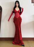 Niulatu Mermaid Long Prom Dresses, Burgundy Formal Dresses Velvet Spaghetti Strap New Year's Eve Dress HZ1026