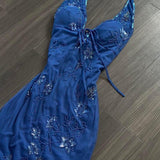 Niulatu Halter Mermaid Long Prom Dresses, Beaded Chiffon Blue Formal Dresses HZ1026
