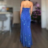 Niulatu Halter Mermaid Long Prom Dresses, Beaded Chiffon Blue Formal Dresses HZ1026