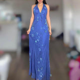 Niulatu Halter Mermaid Long Prom Dresses, Beaded Chiffon Blue Formal Dresses HZ1026
