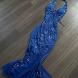 Niulatu Halter Mermaid Long Prom Dresses, Beaded Chiffon Blue Formal Dresses HZ1026