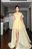 Niulatu Spaghetti Straps Sheath Hi-Lo Birthday Dresses, Chiffon Yellow Formal Dresses HZ1026