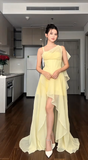 Niulatu Spaghetti Straps Sheath Hi-Lo Birthday Dresses, Chiffon Yellow Formal Dresses HZ1026