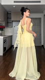 Niulatu Spaghetti Straps Sheath Hi-Lo Birthday Dresses, Chiffon Yellow Formal Dresses HZ1026