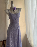 Niulatu Spaghetti Strap Sheath Prom Dresses,Lace Purple Long Formal Dresses HZ1026