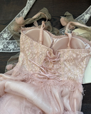 Niulatu Spaghetti Strap A-Line Long Prom Dresses Pink Birthday Dresses Pink Formal Dresses HZ1026