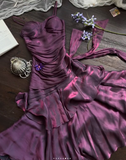 Niulatu Spaghetti Strap Sheath Long Prom Dresses with Ruffles Dark Purple Formal Dresses HZ1026