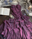 Niulatu Spaghetti Strap Sheath Long Prom Dresses with Ruffles Dark Purple Formal Dresses HZ1026