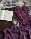 Niulatu Spaghetti Strap Sheath Long Prom Dresses with Ruffles Dark Purple Formal Dresses HZ1026