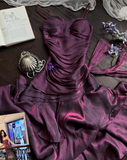 Niulatu Spaghetti Strap Sheath Long Prom Dresses with Ruffles Dark Purple Formal Dresses HZ1026