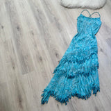 Niulatu Spaghetti Strap Sheath Prom Dresses Chiffon Beaded Blue Formal Dresses HZ1026