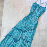 Niulatu Spaghetti Strap Sheath Prom Dresses Chiffon Beaded Blue Formal Dresses HZ1026