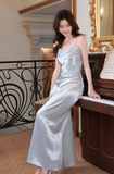Niulatu Spaghetti Strap Sheath Long Prom Dresses Satin Blue Formal Dresses HZ1026