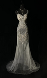 Niulatu Spaghetti Strap Mermaid Long Prom Dresses Chiffon Beaded Grey Formal Dresses HZ1026