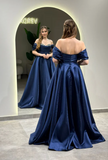 Niulatu Off-Shoulder A-Line Long Prom Dresses Satin Navy Blue Evening Dresses HZ1026