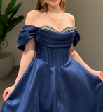 Niulatu Off-Shoulder A-Line Long Prom Dresses Satin Navy Blue Evening Dresses HZ1026