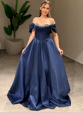 Niulatu Off-Shoulder A-Line Long Prom Dresses Satin Navy Blue Evening Dresses HZ1026
